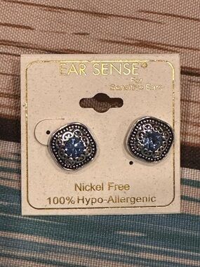 Ear Sense Silver-Tone Blue Crystal Stud Earrings hypoallergenic